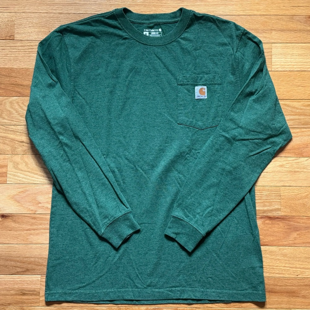 Carhartt Men’s Dearborn Loose Fit Long-Sleeve Green T-Shirt with Pocket, Size M